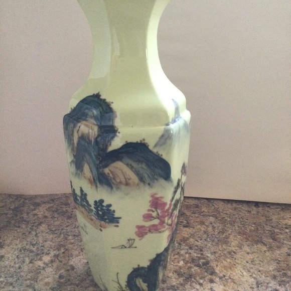 12" Chinese ceramic porcelain vase hexagonal Chinese Mountain water image - Picture 1 of 9